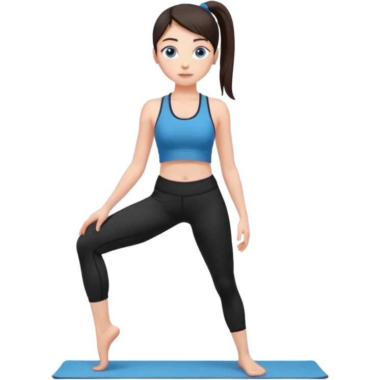 A girl with fair skin and a caring blush. Her eyes are big, expressive, blue. Her hair is long, straight, dark brown.
 in a ponytail, she is wearing black leggings and a black sports bra. in tadasana yoga emoji