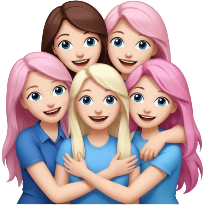 four adult white women laughing and hugging.  Two have long dark brown hair.  One has long pale pink hair and blue eyes. one has with blue eyes and light blonde hair. emoji
