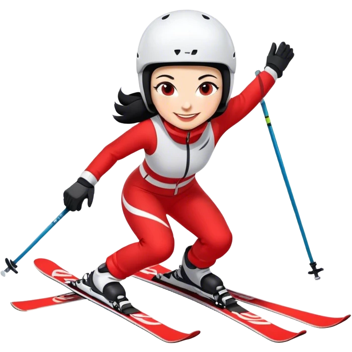 Skifahrerin Abfahrtshocke Anzug rot weiss Schriftzug Stephanie Ski Schriftzug Head schwarze Haare lächeln  emoji