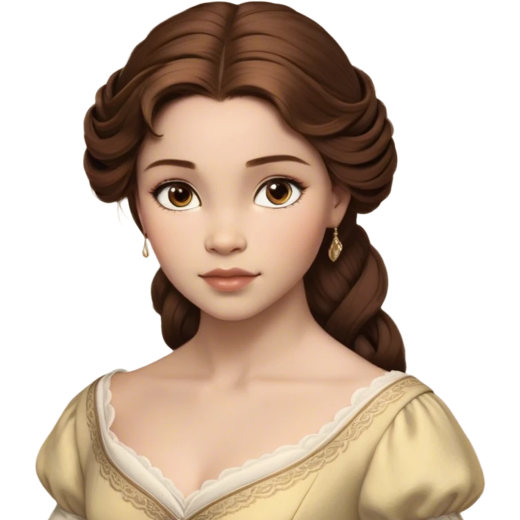 Cinematic Realistic Belle Portrait, depicted with lifelike skin texture, soft natural lighting, and intricately detailed brown hair styled elegantly. Her deep, expressive eyes exude warmth and intelligence, complemented by a serene and graceful expression. She is dressed in her classic attire, with rich fabric textures and delicate folds that catch the light beautifully. The portrait features a soft, enchanting glow with a natural, radiant finish, capturing the essence of timeless beauty in a realistic and painterly style, evoking a sense of depth and authenticity. emoji