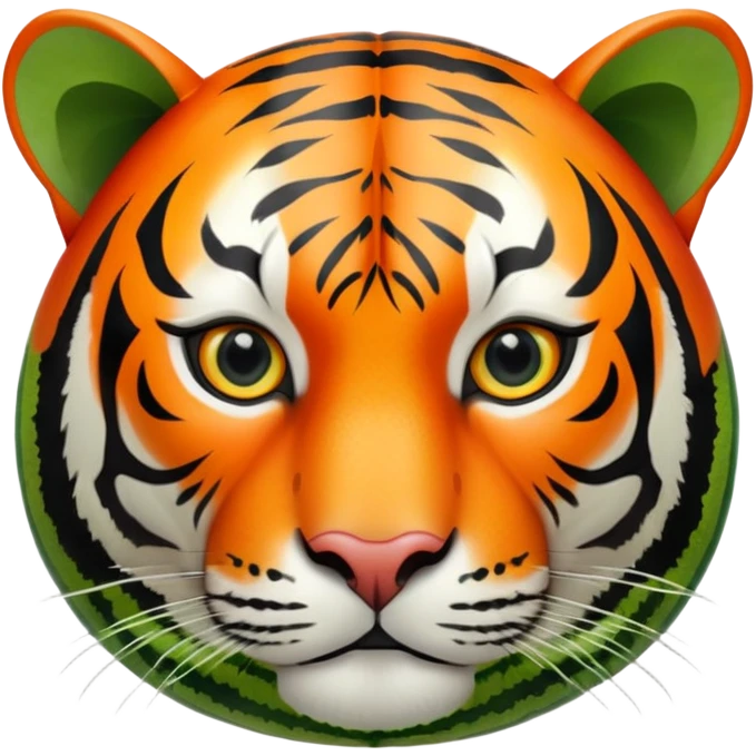 A round watermelon with green rind and a realistic tiger head attached to it emoji