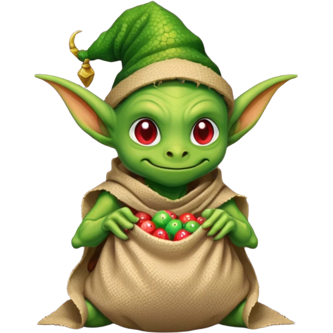A pixel art goblin with a cloth sack over its back filled with dragon eggs. emoji