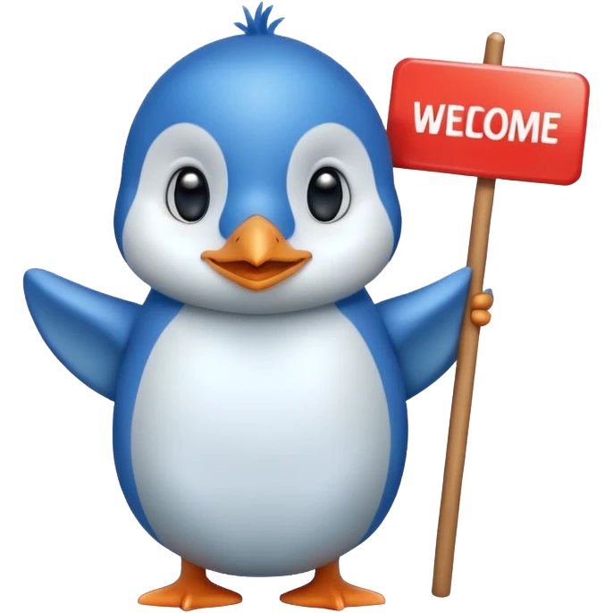 Blue penguin that holds very big welcome sign emoji