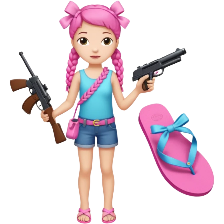 A girl who has a braid on one should and has a flipflop in one hand that has a bow while in the other hand she has a gun with a bow  emoji