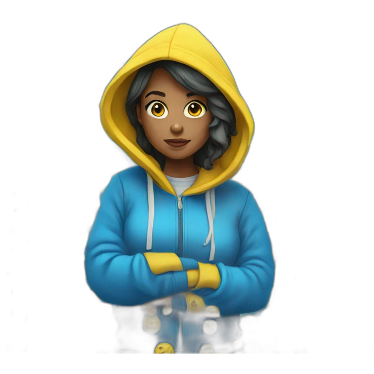 Woman in blue and yellow hoodie emoji