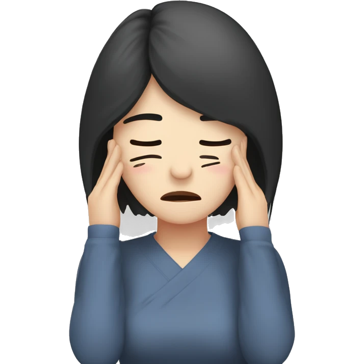 Headache, middle-aged Korean woman in her 40s, with only one hand on her head, painful face, black hair emoji