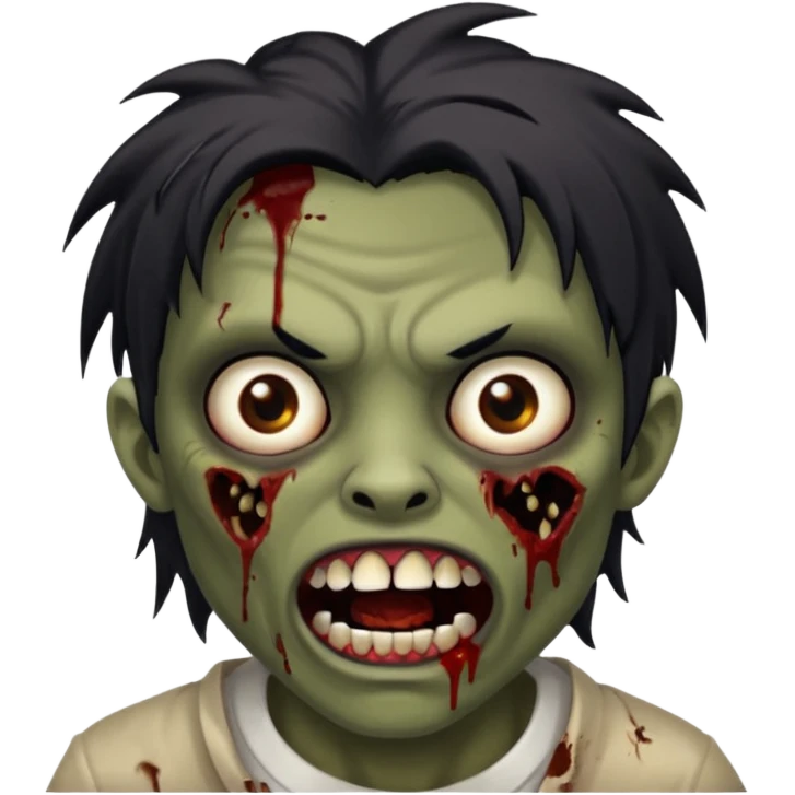 zombie with brown skin, messy black hair, wide centered brown eyes, dark bloody marks under the eyes, and a slightly open mouth showing crooked teeth grillz, giving a distressed, undead look. emoji
