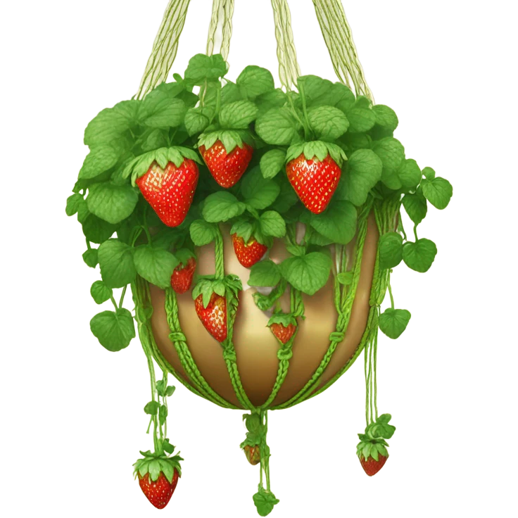 Hanging macrame gold planter with strawberries growing down  emoji