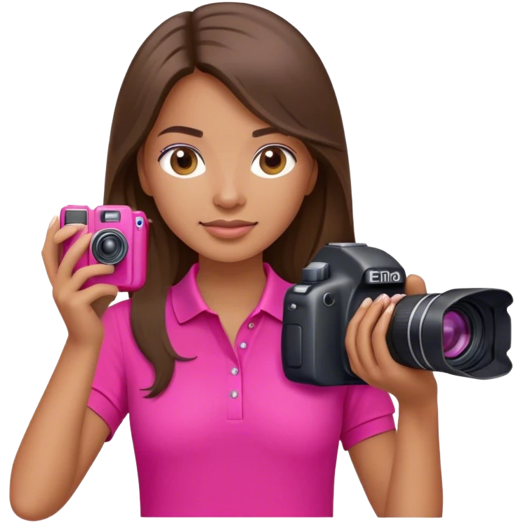 woman photographer with long brunette hair hot pink polo shirt and camera emoji