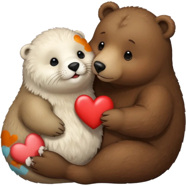 small white seal kissing a big brown bear with a heart between them emoji