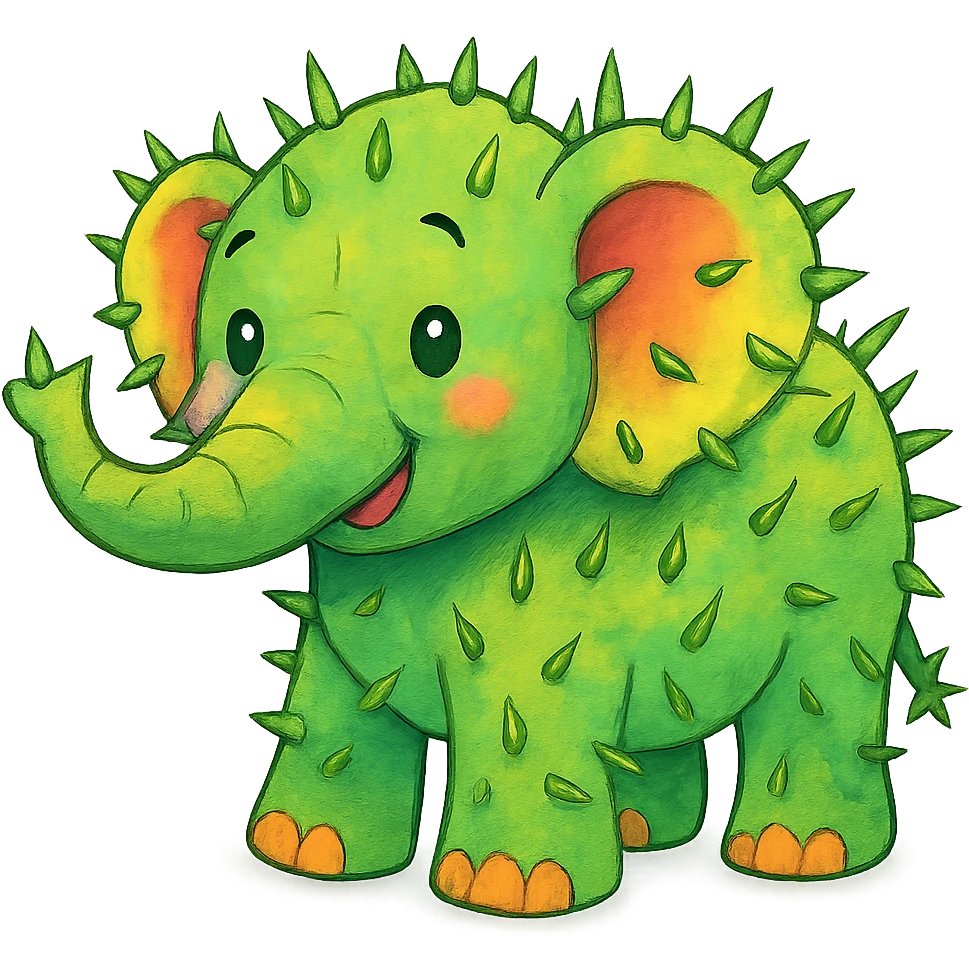elephant with cactus spikes, bright colors, friendly atmosphere emoji