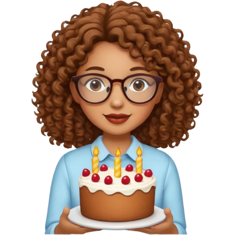 Tanned girl with brown curly hair wearing glasses with a cake  emoji