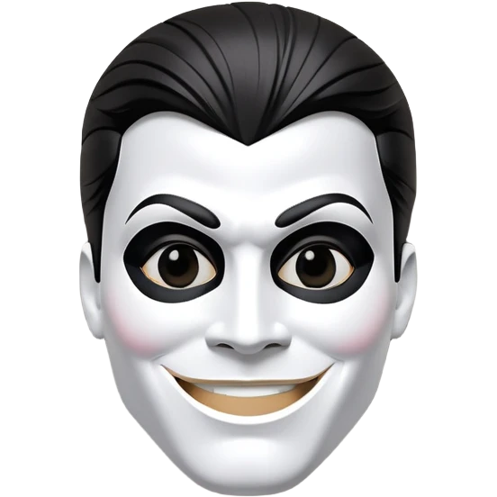 Mr incredible as black figure wearing a white Michael Jackson jigsaw mask that has giant white pupils and the irises are black and it’s smiling and the background is a wall in a room with grey emoji