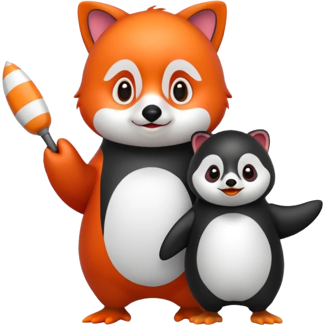 A cartoon  cute cartoon penguin. Next to it is a cartoon red panda holding its flipper  emoji