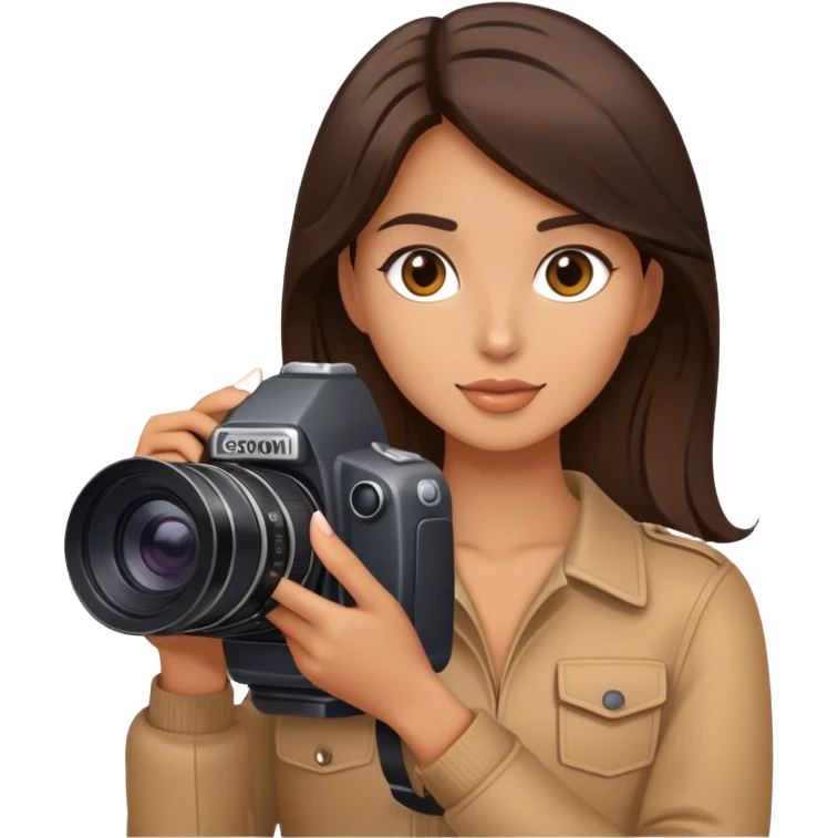 Brunette model with a camera emoji