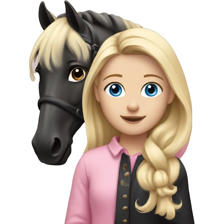 blonde girl with blue eyes wearing pink playing with her black horse emoji