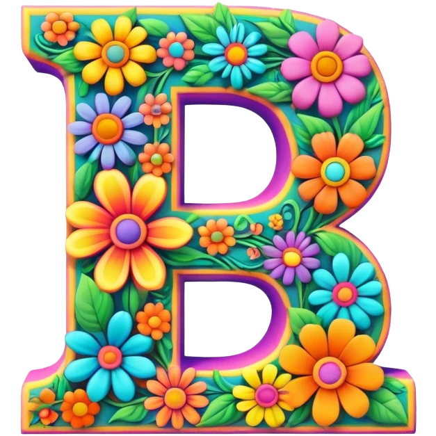 3D style, psychedelic colored Letter B with hippie style flower border emoji