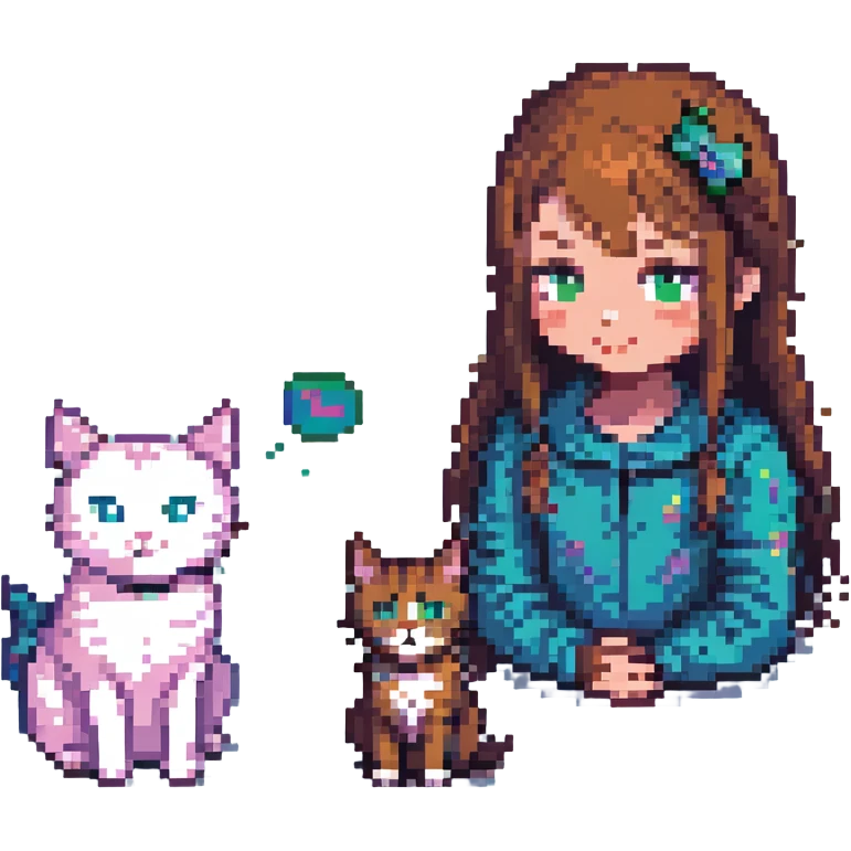 Replace the girl with the one in the reference image, keeping the pose: girl and cat looking at each other, pixel art style, with no background. emoji