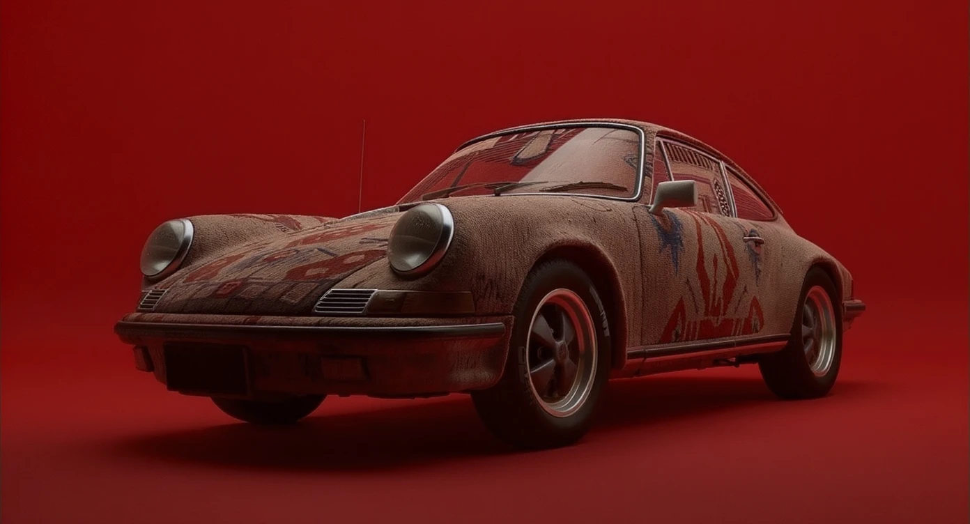 Medium shot of a porsche 911, body of car made of russian carpet with patterns, red solid studio background, low keu light, top soft light, dutch angle,  captured by ARRI 65 emoji