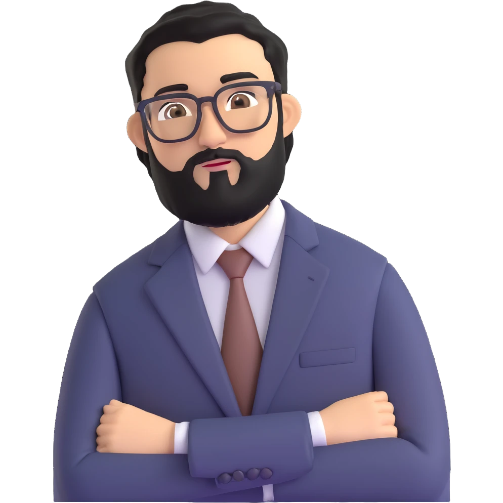man with medium black beard, black hair, connected unibrow, olive tan skin, brown eyes, glasses, wearing a professional business suit emoji