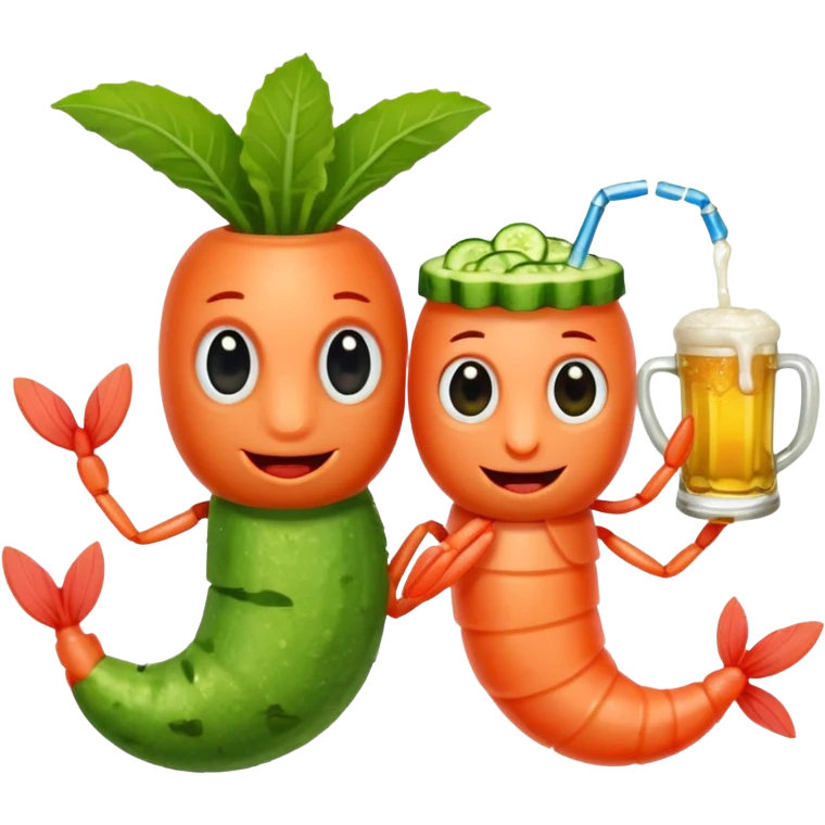 Create a modern emoji-style illustration of two shrimp characters, friendly and cool, slightly cartoon but stylish, not childish.
They are toasting (‘salud’), one shrimp holding a beer mug with aguachile topping, the other holding a fresh aguachile bowl with cucumber and chili.
  emoji