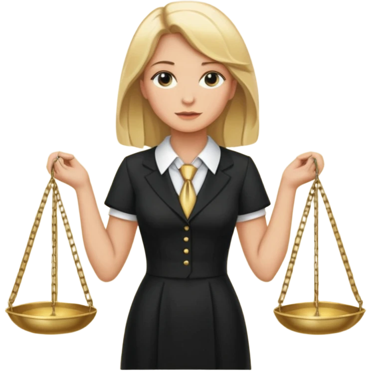 woman lawyer blanche et blonde avec des cheveux mi-long; elle est habillée avec une longue robe noire et un col cravate blanc; la balance de la justice apparaît dans l'ombre derrière elle emoji