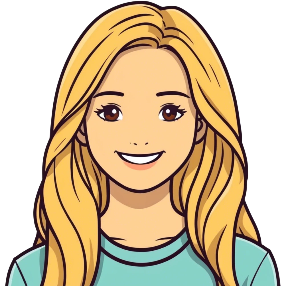 Woman, long blonde hair, brown eyes, white skin, smile emoji