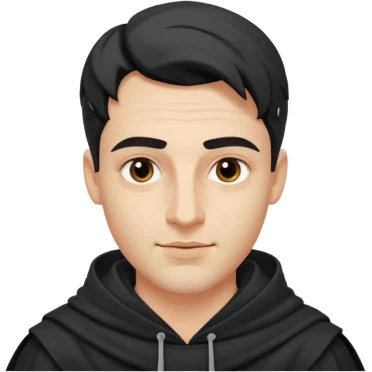 A handsome man with fair complexion. masculine, roman, slightly crooked nose. Thick triangular eyebrows. Hooded eyes and black pupils.  smily lips with a heavy top lid.  Jinu haircut emoji