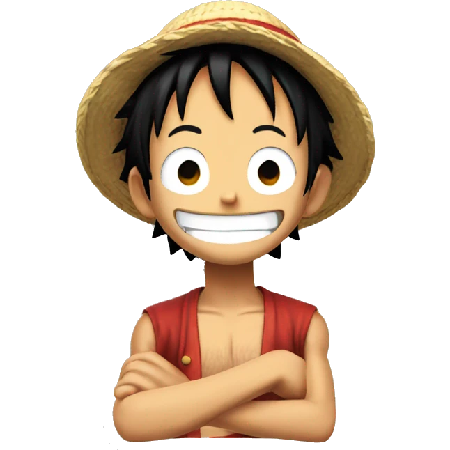 Luffy for one piece, smiling, looking down with his hand up emoji