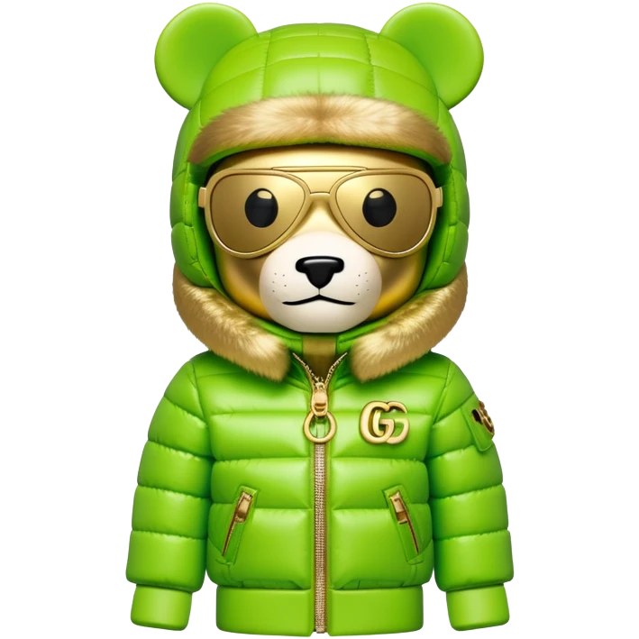 blocky bearbrick figure with cube-shaped head, lime green balaclava with integrated mirrored visor lens, Gucci logo patterned puffer jacket with lavish fur collar and cuffs, luxury statement piece, gold chains emoji