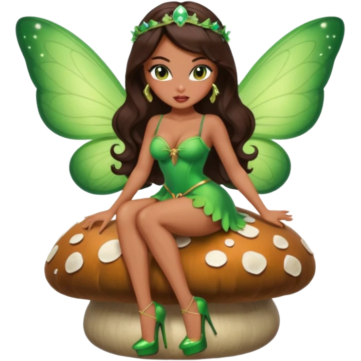 A sexy, super pretty bratz girl with caramel skin. Huge tits. Dark brown hair and brown eyes. She has freckles. Wearing sexy makeup. Wearing a green fairy costume and heels and flying nsfw sitting on a mushroom emoji