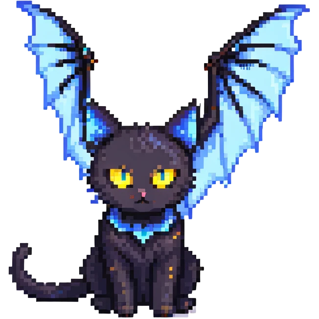 black cat with blue bat wings and glowing yellow eyes emoji