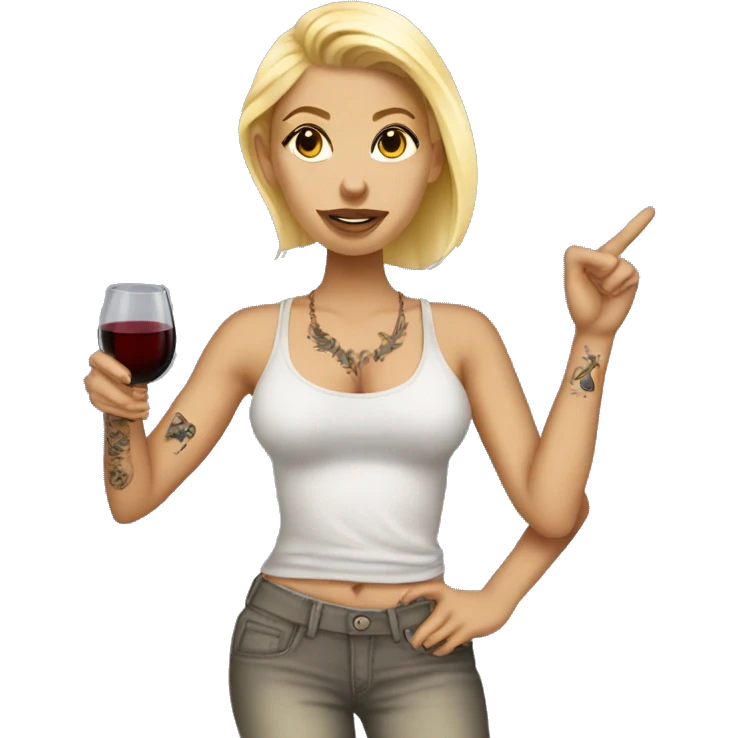 Blonde women in, her body covered with tattoos, wine in her one hand and pointing you with other hand with her pointer finger emoji