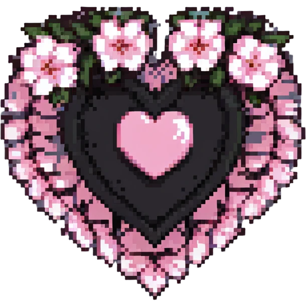 goth sakura heart, pixel art, black heart with pink sakura petals, retro game vibe emoji