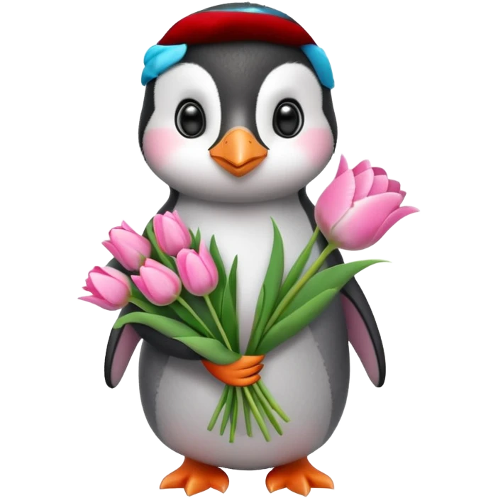 Cute baby penguin holding flower bouquet wraped in white paper and all flowers tulips in pink colour emoji