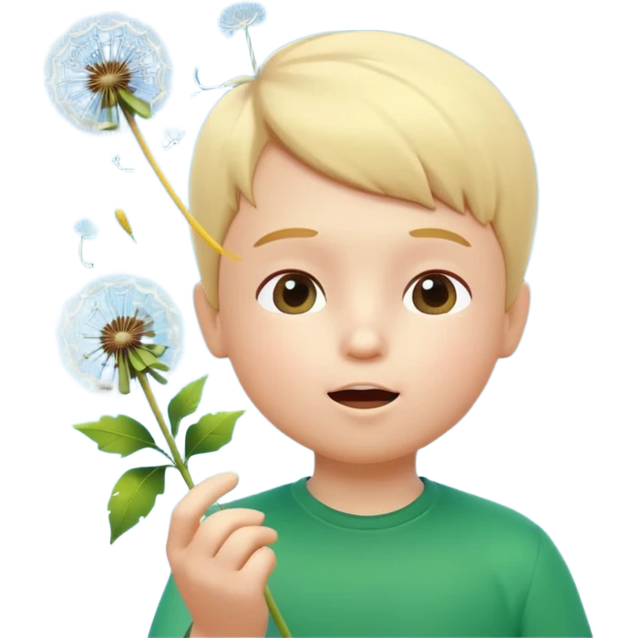 A 3D cartoon child blowing on a dandelion, seeds flying in the air, sunny garden background, realistic Memoji-style. emoji