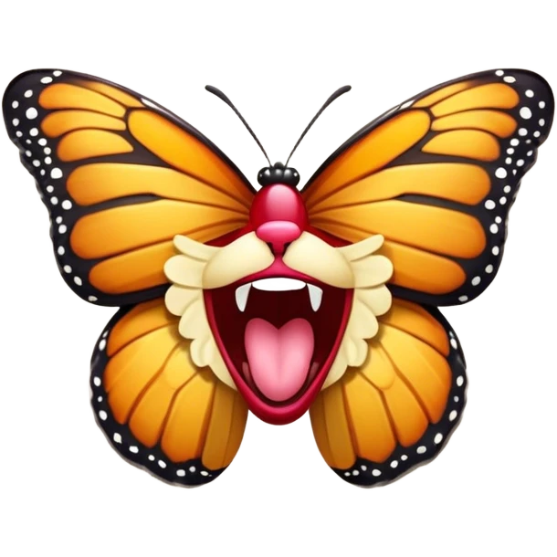 Cinematic Realistic Cute Yawning monarch Butterfly Portrait Emoji, Head tilted slightly with a dramatic, wide-open yawn, showcasing soft, downy ruby wings with gentle droop and half-closed, drowsy eyes rendered in exquisite natural detail, high shine, relaxed yet expressive, styled with a dash of delicate floral charm, soft glowing outline, capturing the essence of a sleepy yet affectionate red butterfly that appears ready to rest its vibrant wings in quiet slumber! emoji