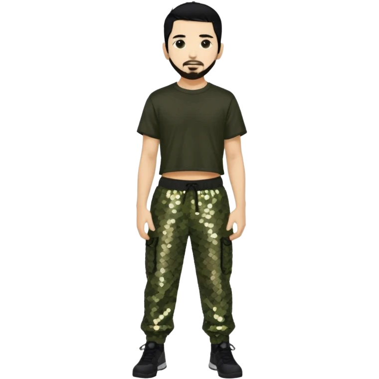 Mike Shinoda with black hair, black sequin crop top, olive sequin baggy pants emoji