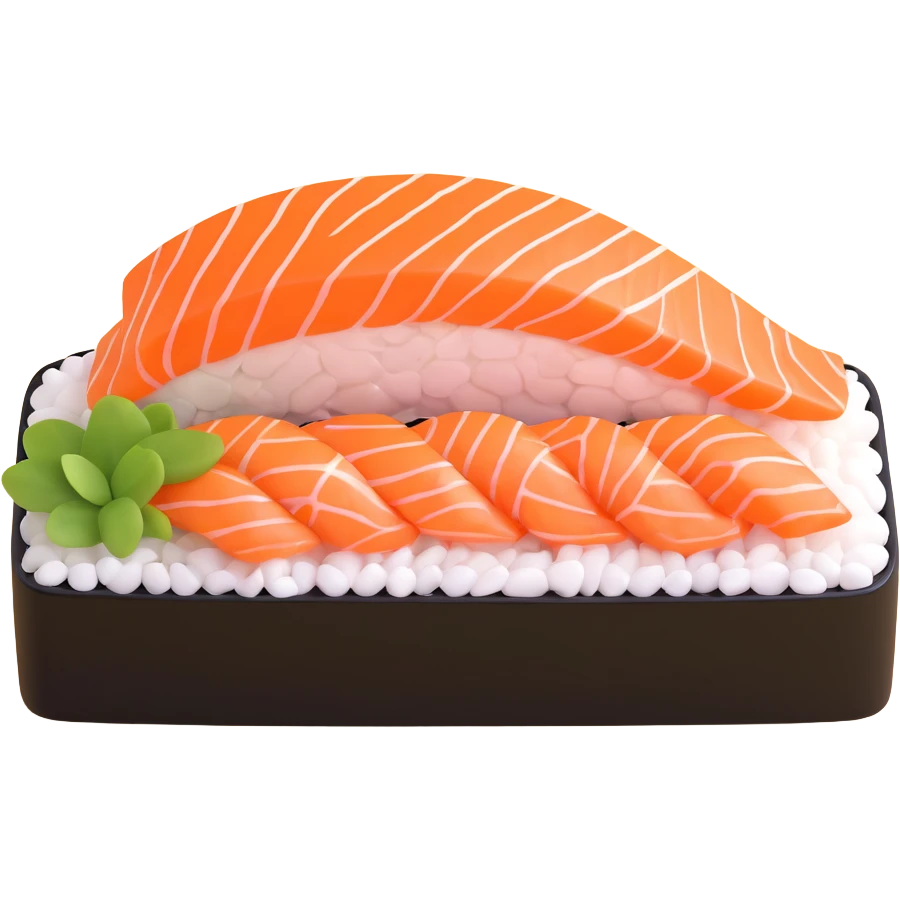 Make the sushi rectangular in shape, with orange fish (salmon) on top of white rice, keeping the 3D realistic style and natural texture. emoji