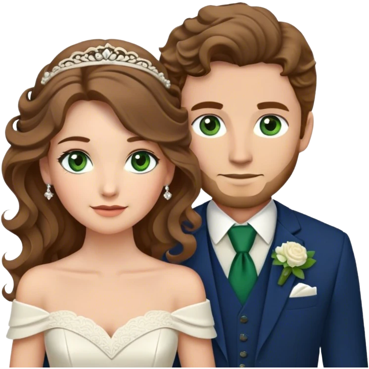 A bride and groom. Bride has brown hair with soft curls, has green eyes, wears an off shoulder dress. Groom has blond hair, has dark blue eyes, wears a brown suit with a brown vest and a bolo tie. emoji