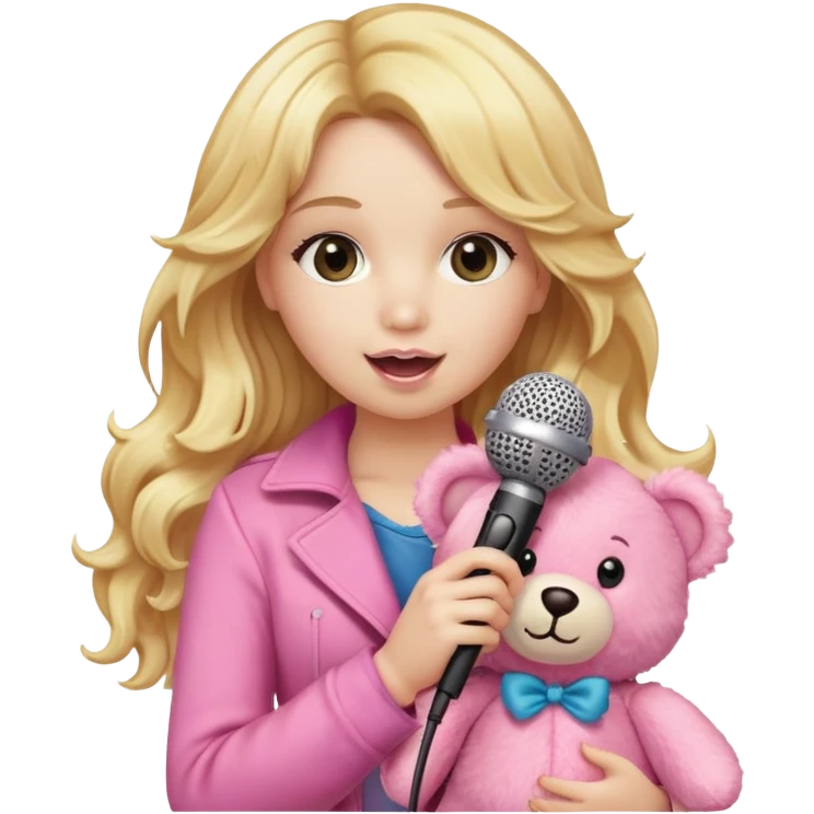 An emoji of a blonde female singer holding a plush pink teddy bear. She has long, wavy golden hair and is singing into a microphone with a passionate expression. The pink teddy bear is soft and fluffy, adding a cute and playful touch. A mix of glamour and sweetness emoji