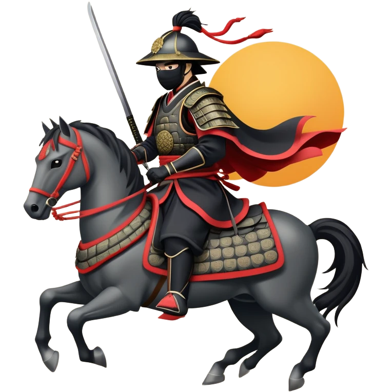clash-of-clans-aesthetic_-cinematic-fearsome-and-majestic-samurai-bust-portrait-emoji, rendered in a flat, vector-style with minimal shading and bold, simplified shapes typical of emoji art, depicting a battle-hardened samurai with black mask and traditional black Japanese armor. The samurai is riding a noble grey warhorse adorned with an intricately designed saddle and fluttering banners and a rising sun. a samurai riding on a  horse emoji