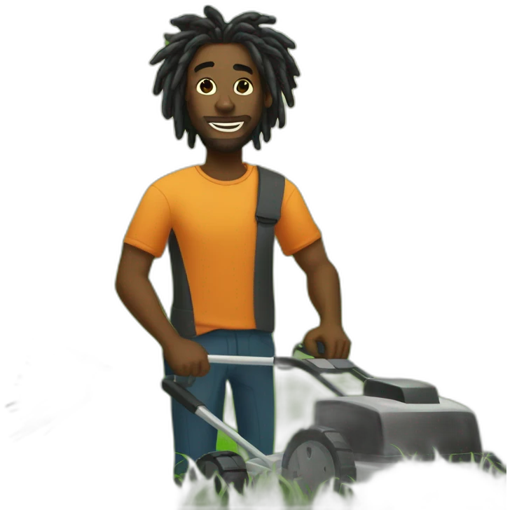 Dark Black man with dreads mowing grass in yard emoji