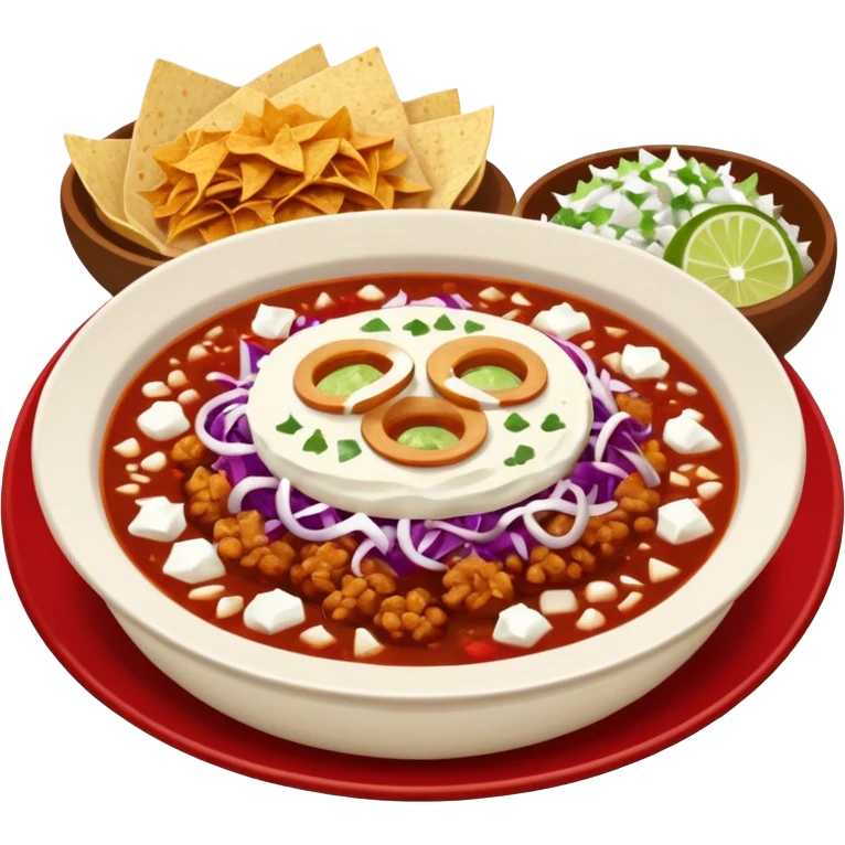 hot pozole rojo with steam, hominy, and sides: onions, shredded cabbage, lime wedges, red chile de arbol salsa, and tostadas lightly smeared with sour cream emoji