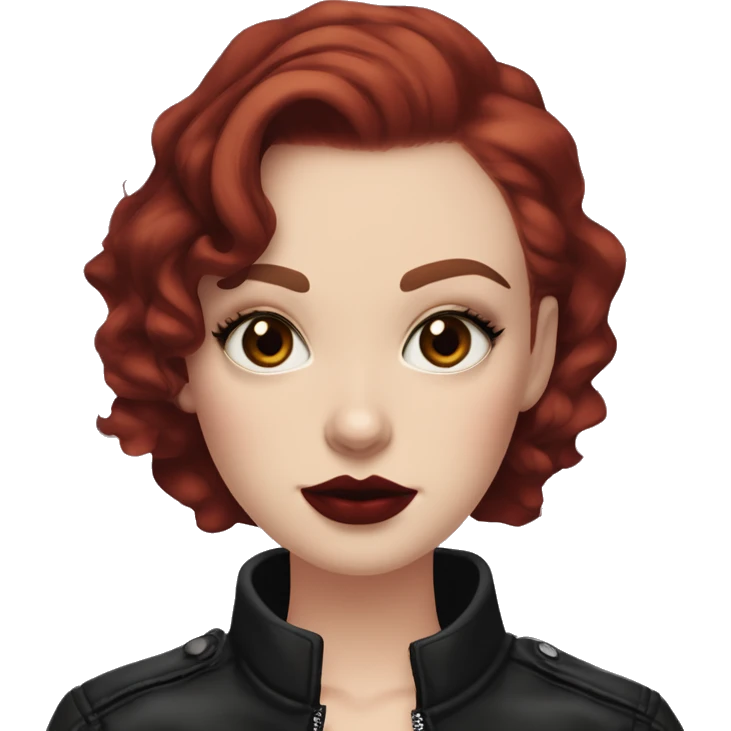 Girl with very pale skin, bright red curly short hair with a side part, black cat-eye makeup, long eyelashes, dark maroon blush and lipstick.  Her eyebrows are dark, arched and very high.  Hazel eyes. Big lips. Thin. Wearing a leather jacket  emoji
