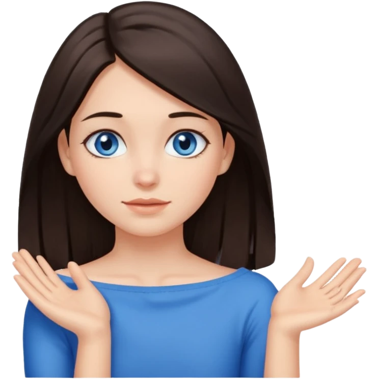 Girl with dark brown hair thats about shoulder lenght with blue eyes covering their neck with two hands without clothes emoji