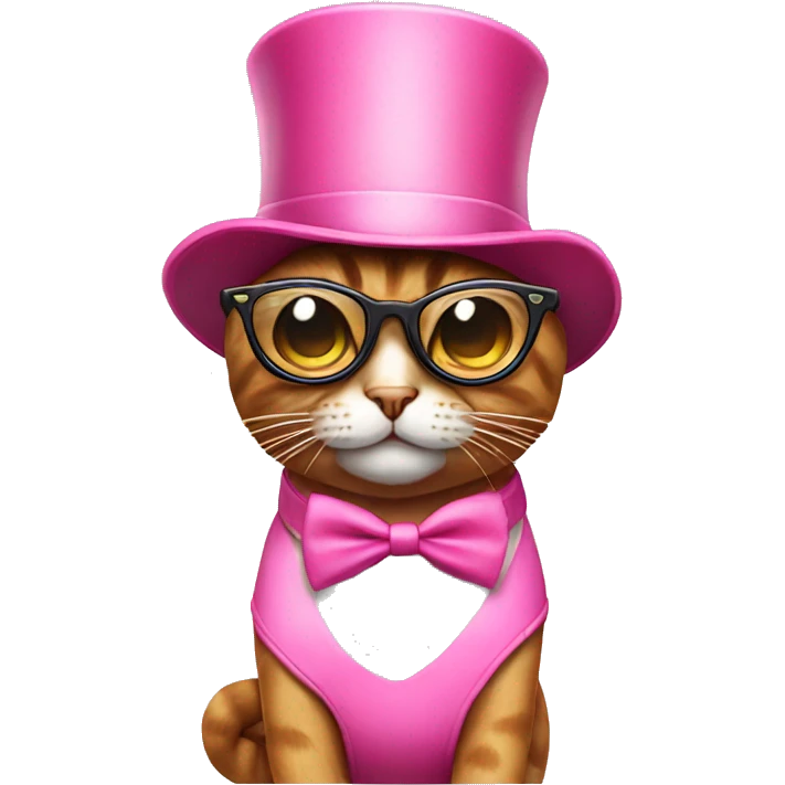 Cat wearing a pink bikini with a top hat and cool glasses emoji
