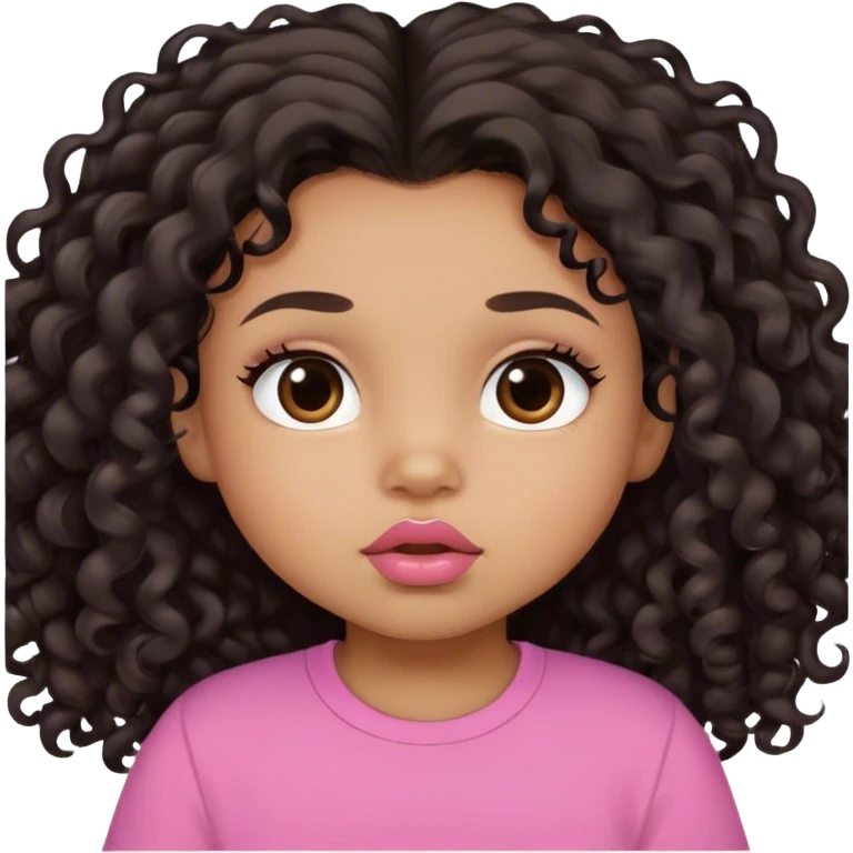 light brown skin tone, very adorable toddler, with big plump lips, long long lashes, black curly long hair, brown eyes, pink shirt emoji