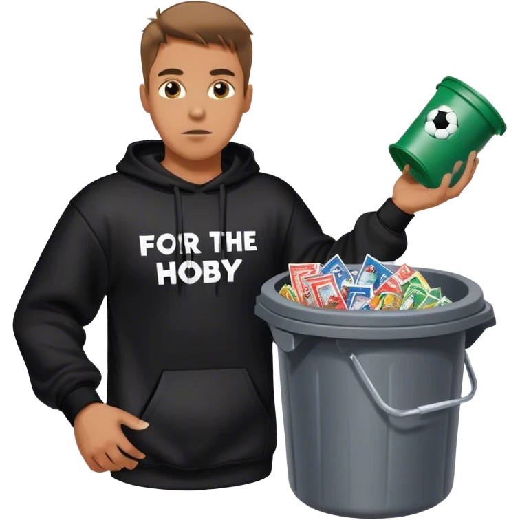 Man with black sweatshirt that says FOR THE HOBBY in white lettering throwing a trash cand filled with wrappers from football trading cards emoji