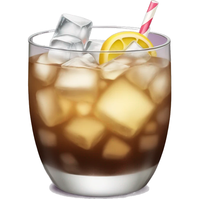 a hightball cocktail with 2 colors, brown on the bottom and light yellox on top with crush ice and a straw emoji